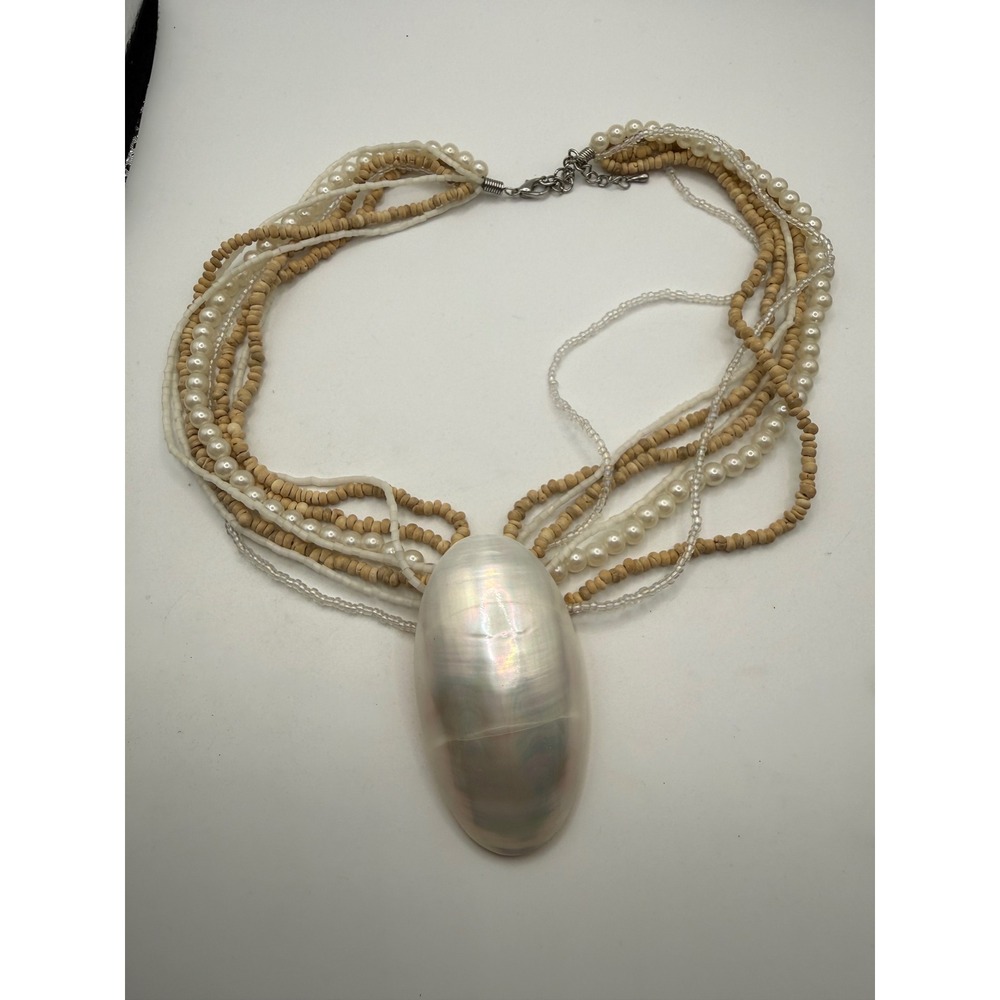 Boho Multi Strand Shell Pendant Necklace Faux Pearl Wood Bead Iridescent Cream